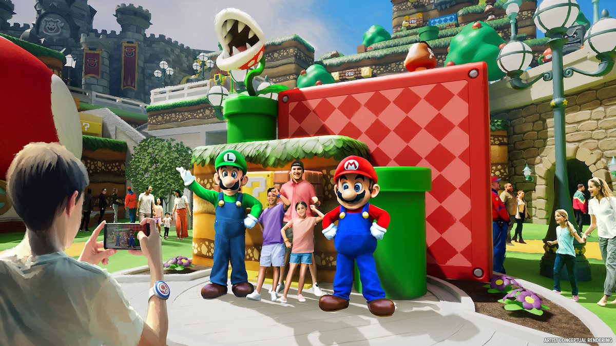 Mario and Luigi in Super Nintendo World at Universal Epic Universe