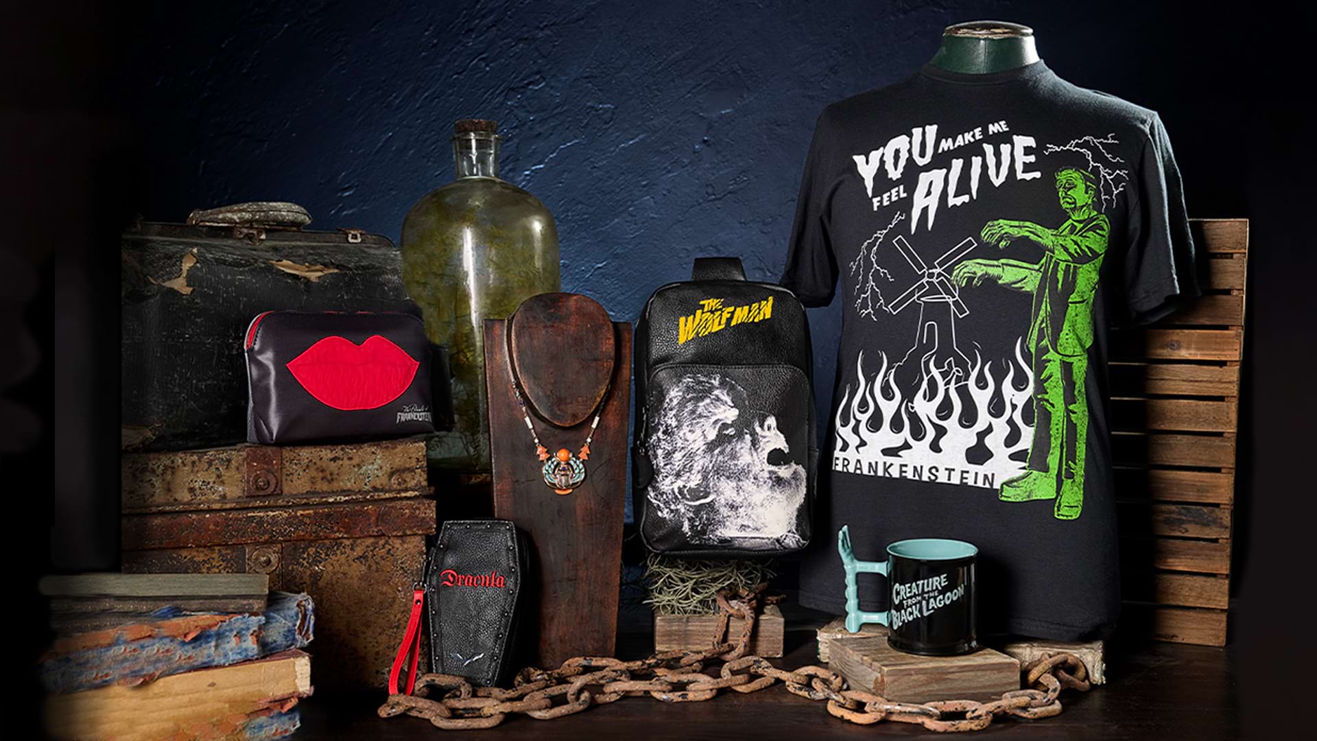 Classic monsters themed tee, bags, and dishware