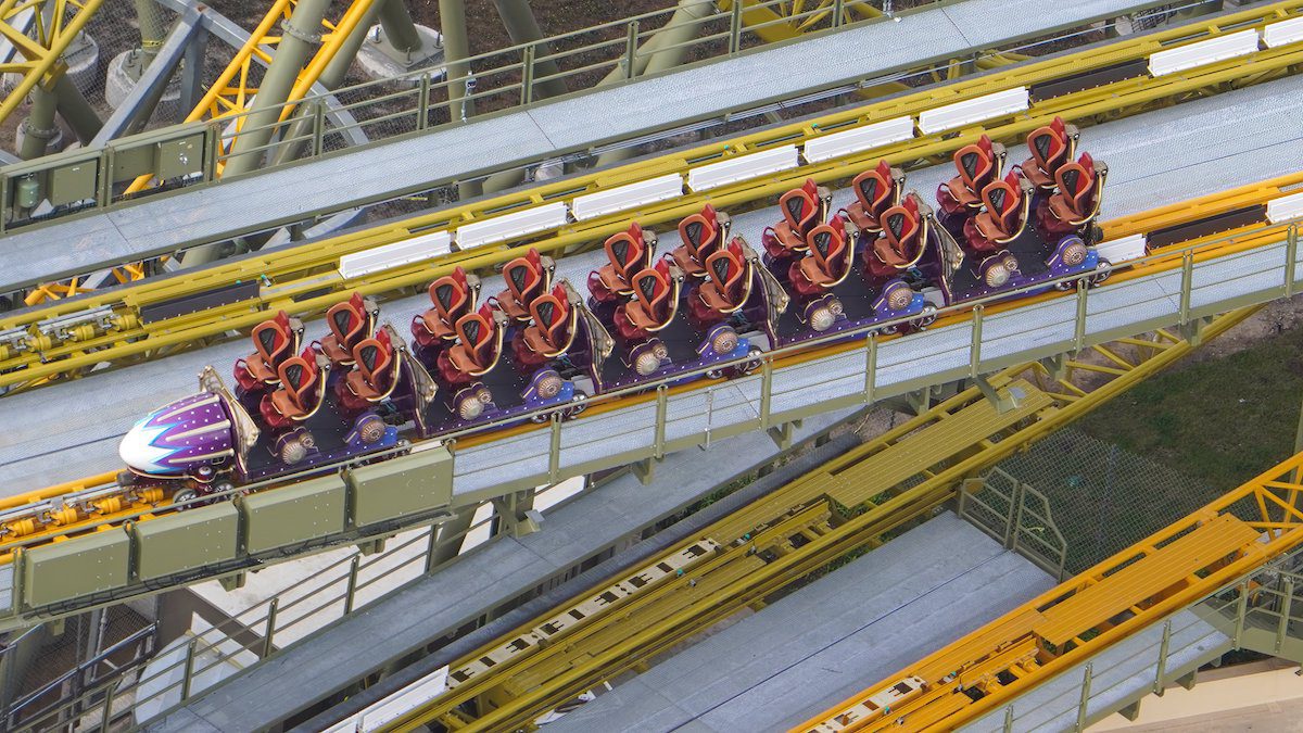 Starfall Racers roller coaster train at Epic Universe