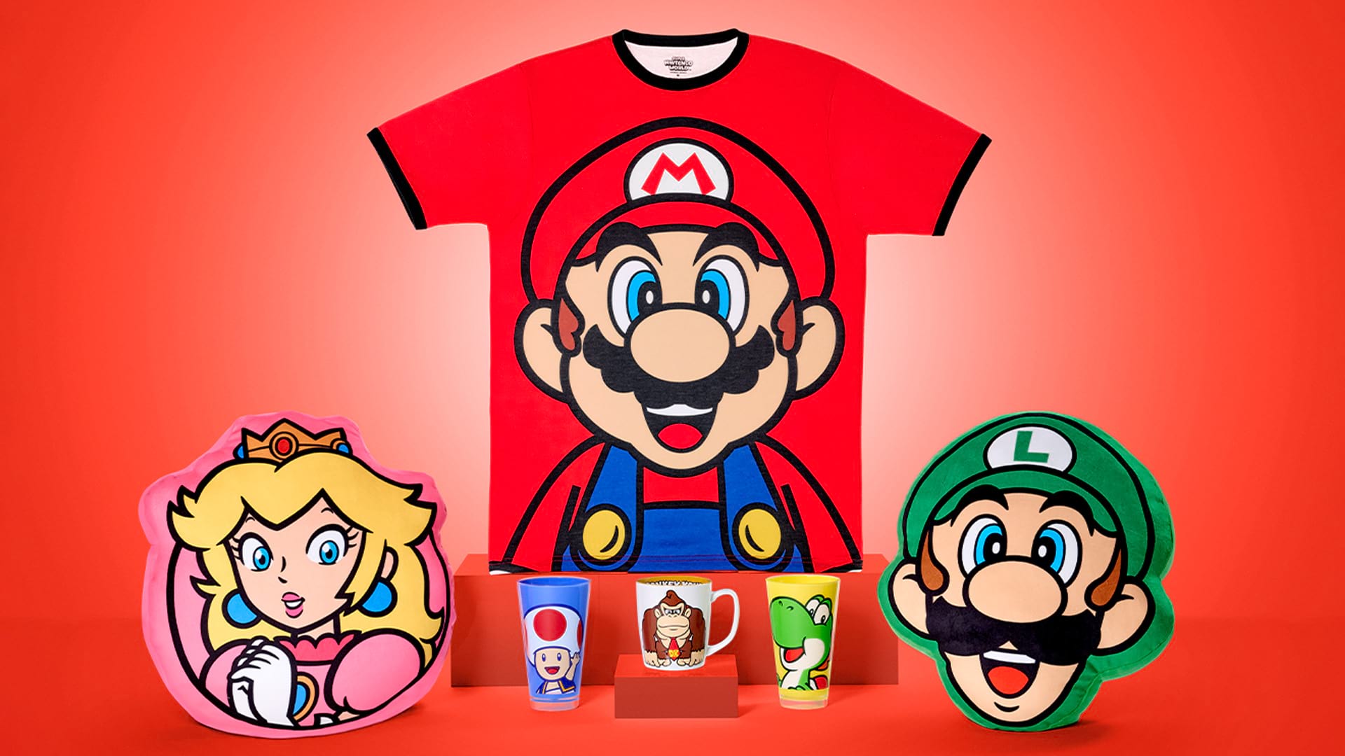 Super Mario pillows, dishware, and tee