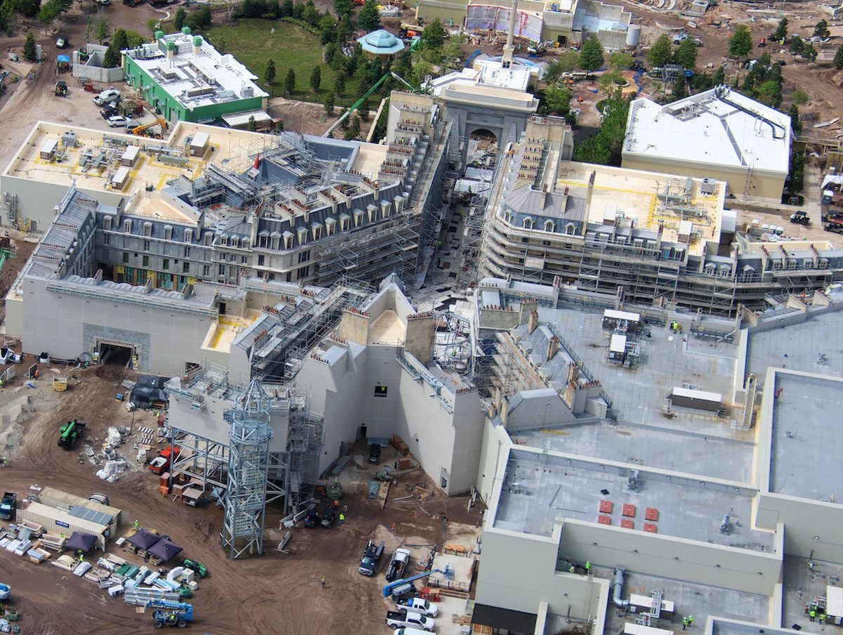 Aerial construction photo, June 2024, The Wizarding World of Harry Potter – Ministry of Magic, Epic Universe, Orlando