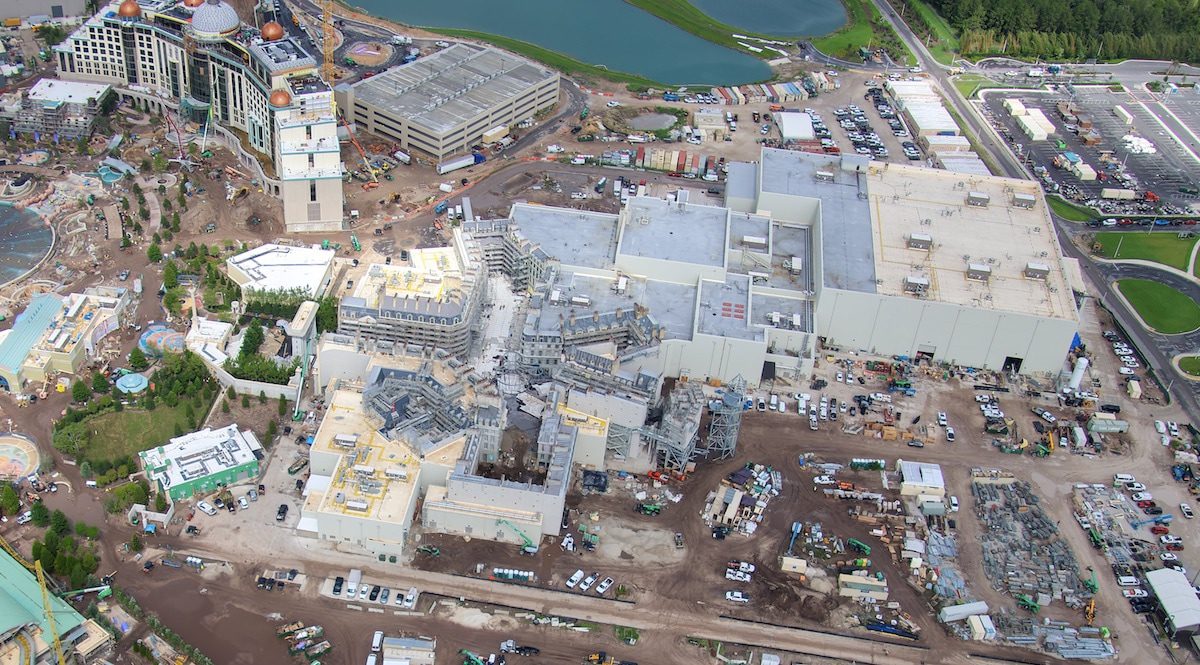 Aerial construction photo, June 2024, The Wizarding World of Harry Potter – Ministry of Magic, Epic Universe, Orlando
