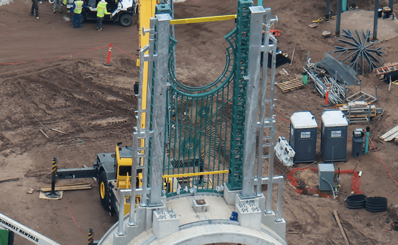 Chronos device at Epic Universe park entrance, May 2024 construction