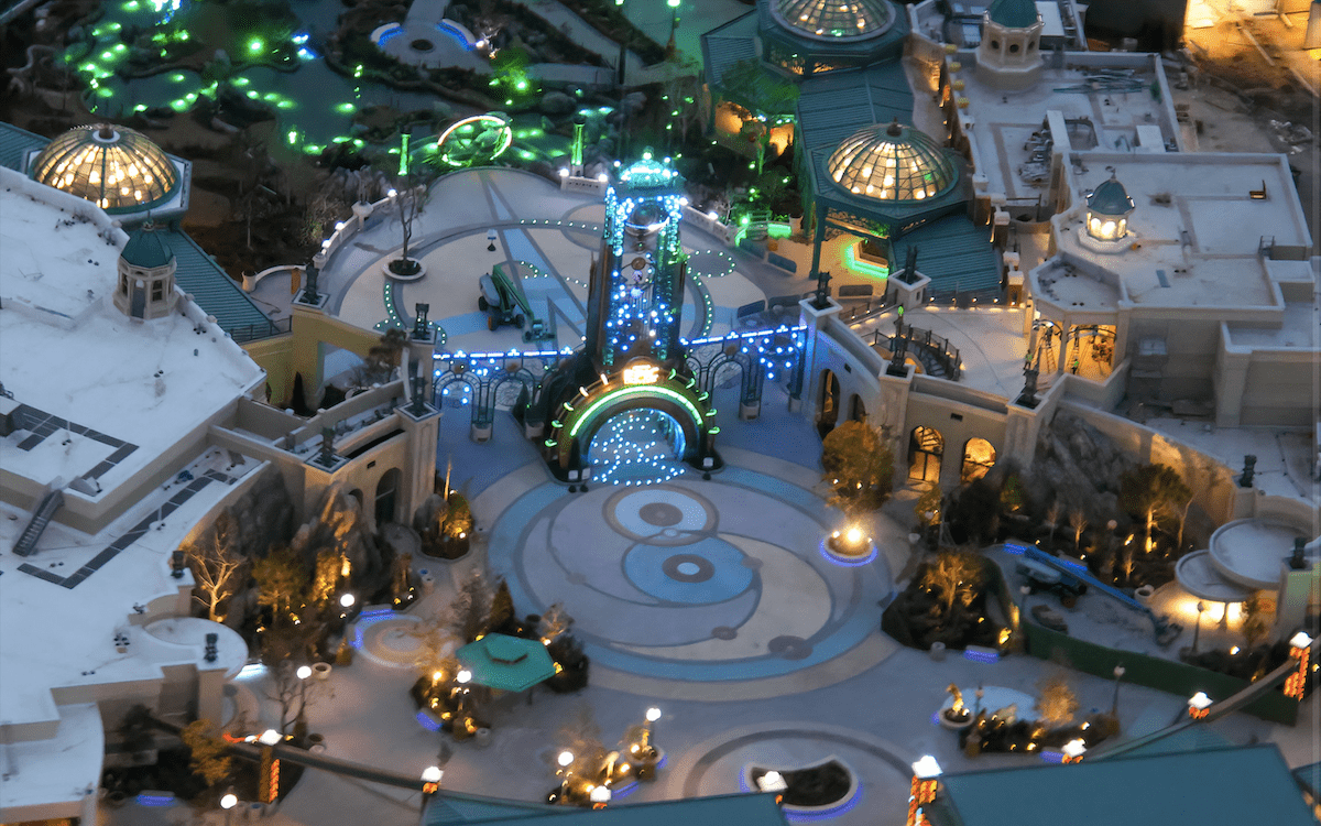 Epic Universe entrance at night