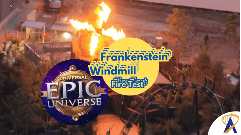 Epic Universe construction update: Fire test at ‘Frankenstein windmill’ Burning Blade Tavern in Dark Universe
