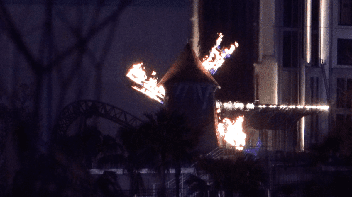 Burning Blade Tavern Frankenstein windmill fire, Epic Universe